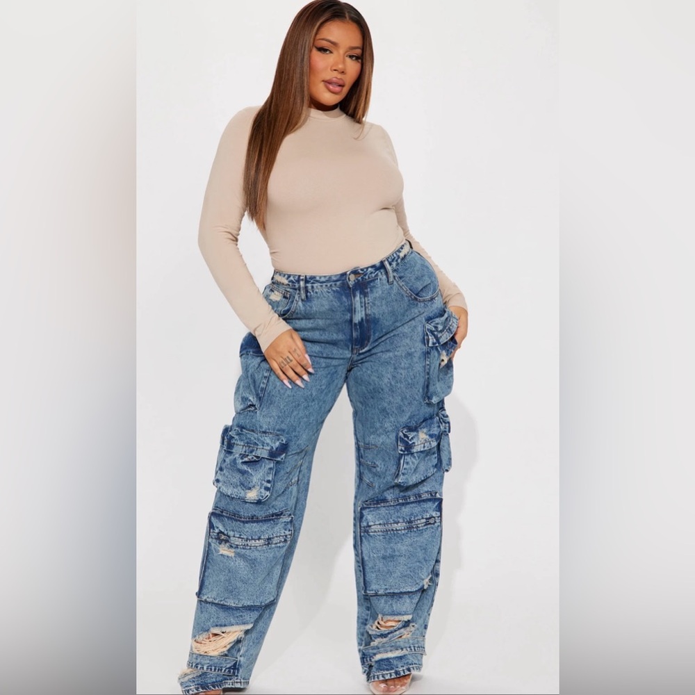 Wide Leg Cargo Jeans in Light Blue - Women